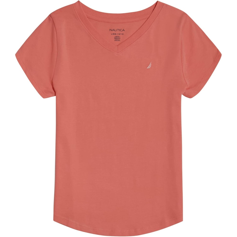 image:imageNautica Girls Short Sleeve VNeck TShirt Solid Cotton Blend Tee with Tagless InteriorGeorgia Peach