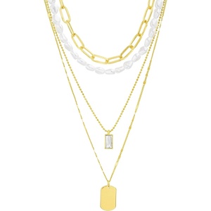 image:imageNautica Simulated Pearl Rhinestone Dog Tag Necklace Set for Women 14K Yellow Gold Plated Alloy 17  23 Inches