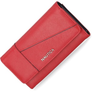 image:imageNautica Money Manager Womens Slim RFID Blocking Wallet Small Bifold Credit Card Holder with Zipper Coin Pocket and ID WindowFuego Red Buff