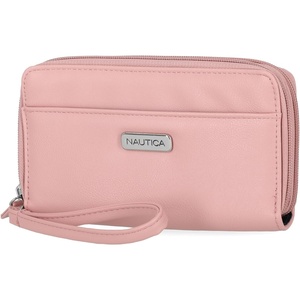 image:imageNautica On The Double Zip Around Vegan Leather Womens RFID Clutch Wallet With Wristlet Strap Indigo RedBlush