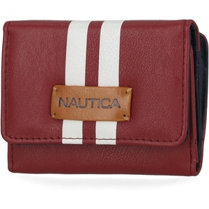 image:imageNautica Rowers End Small Wallet for Women RFID Blocking Slim Credit Card Holder with Zipper Coin Pocket Bifold Compact Wallet with ID Window in Indigo BoneWine Racing Stripe