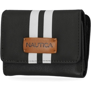 image:imageNautica Rowers End Small Wallet for Women RFID Blocking Slim Credit Card Holder with Zipper Coin Pocket Bifold Compact Wallet with ID Window in Indigo BoneBlack Racing Stripe