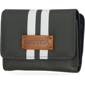 image:imageNautica Rowers End Small Wallet for Women RFID Blocking Slim Credit Card Holder with Zipper Coin Pocket Bifold Compact Wallet with ID Window in Indigo BoneGreen Racing Stripe