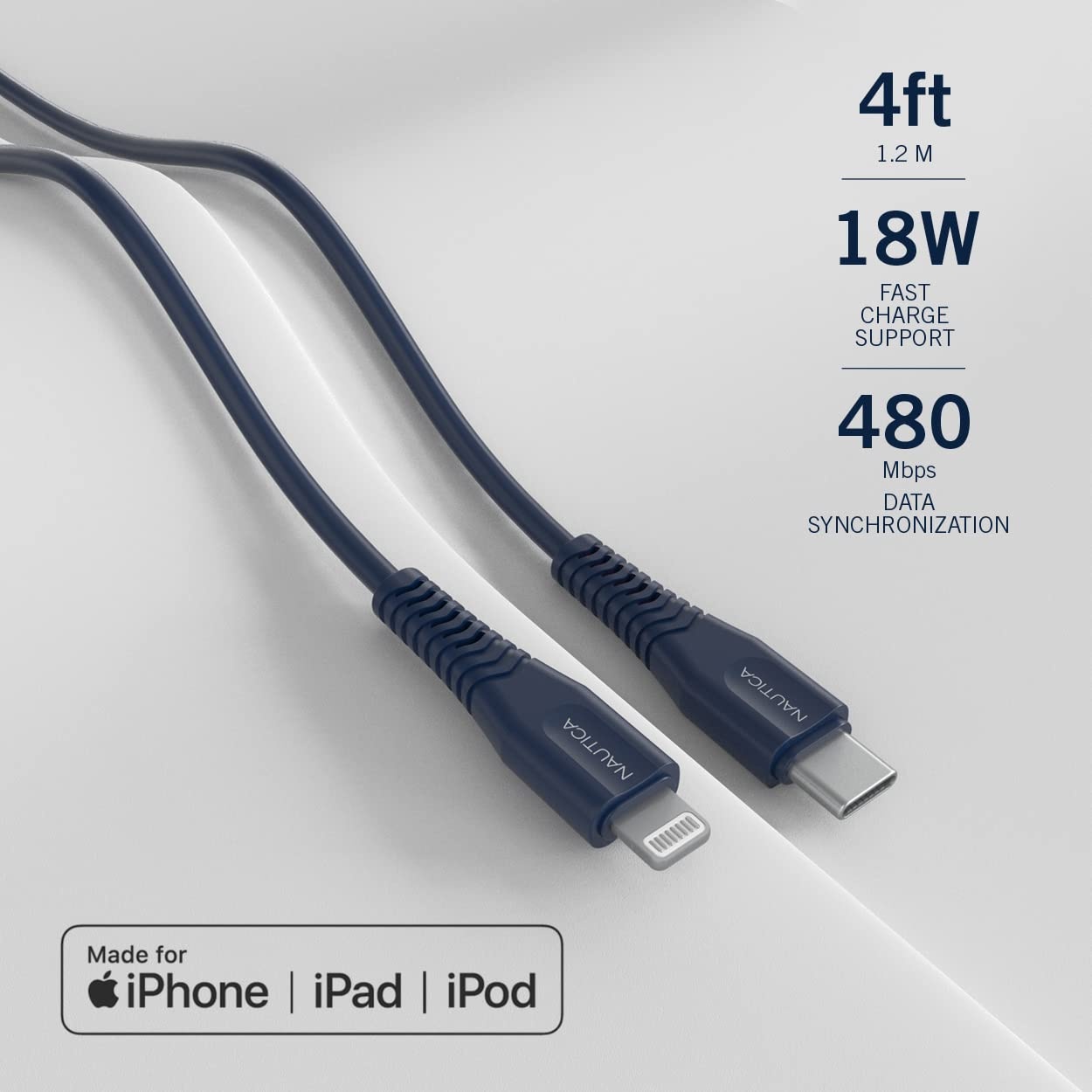 image:imageNautica USB C to Lightning Cable Type C to Lightning Cable USB C Charger MFi Verified Fast Charger Charging Cord Compatible with iPhone 1312 Pro Max11XXSXR iPad AirPod 4 Ft NavyNavy