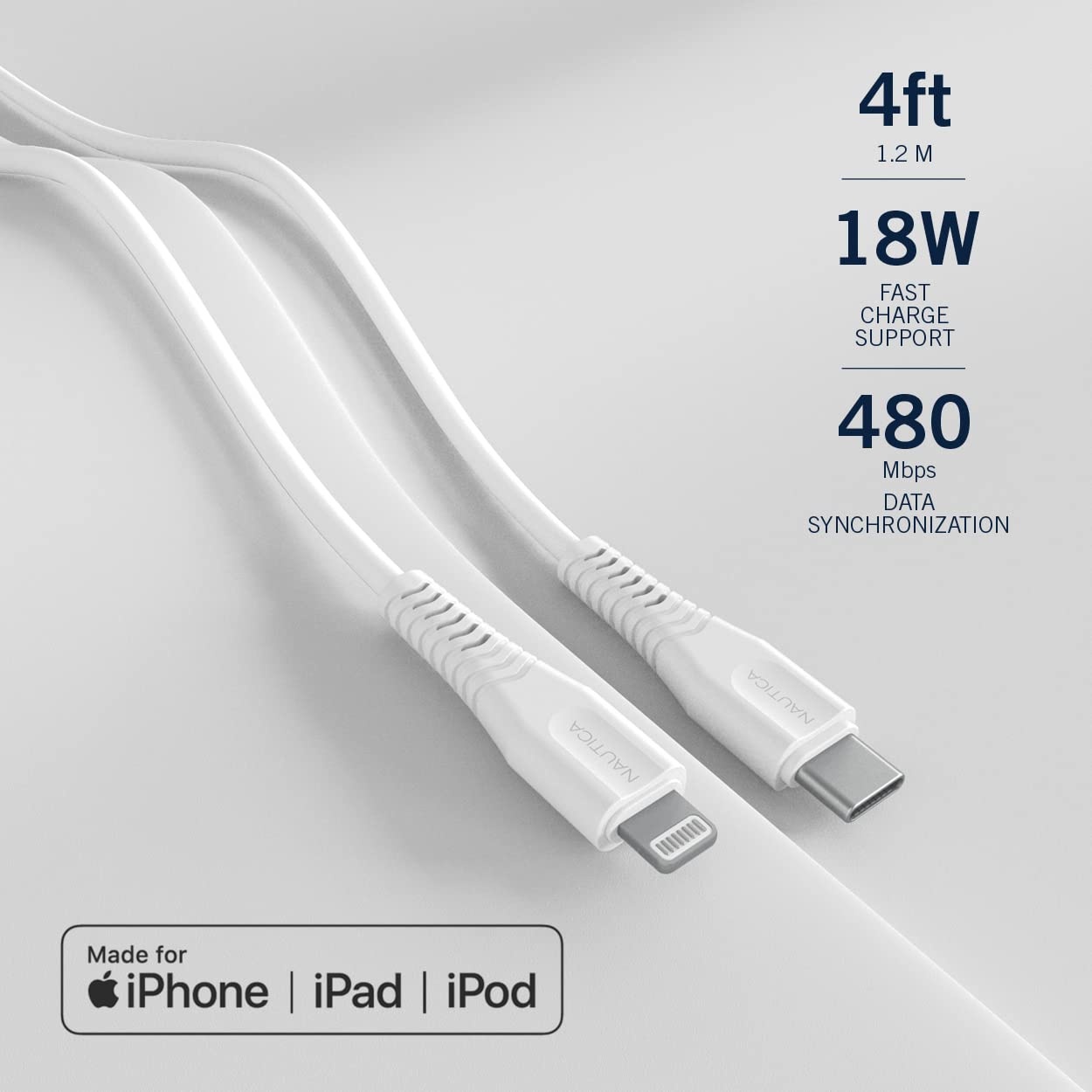 image:imageNautica USB C to Lightning Cable Type C to Lightning Cable USB C Charger MFi Verified Fast Charger Charging Cord Compatible with iPhone 1312 Pro Max11XXSXR iPad AirPod 4 Ft NavyWhite