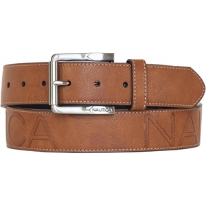 image:imageNautica Mens Signature Leather and Canvas Belt  Ribbon Detail  Flag Design  Classic  Casual  Metal BuckleEmbossed Logo  Tan