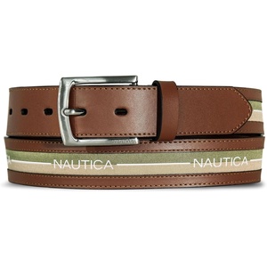 image:imageNautica Mens Signature Leather and Canvas Belt  Ribbon Detail  Flag Design  Classic  Casual  Metal BuckleRibbon Panel  TanGreen