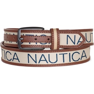 image:imageNautica Mens Signature Leather and Canvas Belt  Ribbon Detail  Flag Design  Classic  Casual  Metal BuckleSignature Logo  Beige