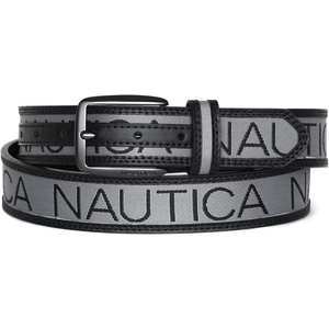 image:imageNautica Mens Signature Leather and Canvas Belt  Ribbon Detail  Flag Design  Classic  Casual  Metal BuckleSignature Logo  Grey