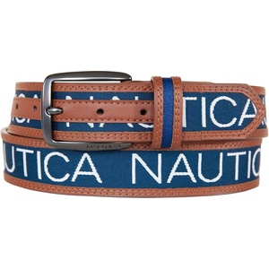 image:imageNautica Mens Signature Leather and Canvas Belt  Ribbon Detail  Flag Design  Classic  Casual  Metal BuckleSignature Logo  Navy