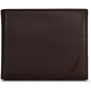 image:imageNautica Mens Bifold Leather Wallet  RFID Blocking  ID Window  Card Slots  Organization  Durable  Stylishmbroidered Sail  Brown