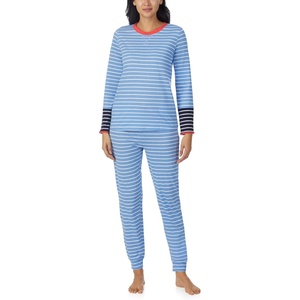 image:imageNautica Striped Lightweight Cotton Pajama PJ Set for Women Womens Long Sleeve PJs Pajamas Crewneck Shirt amp Jogger Pants SetsBlue Stp