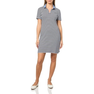 image:imageNautica Womens Stripped Collard Short Sleeve VNeck Johnny Collar Polo Knit DressNight SkyBright White