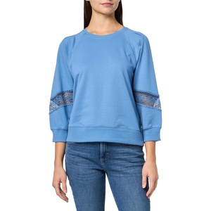 image:imageNautica Womens Lace Sleeve Patch Shoulder Pleats Crewneck Soft Lace Placement SweatshirtBlue Haze