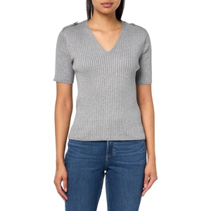 image:imageNautica Womens Short Sleeve Lurex VNeck PulloverHeather Mist With Silver