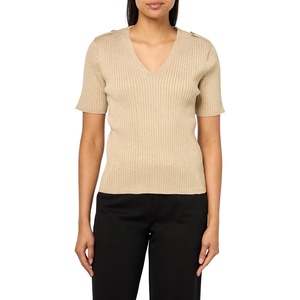 image:imageNautica Womens Short Sleeve Lurex VNeck PulloverLight Heather Fawn With Gold