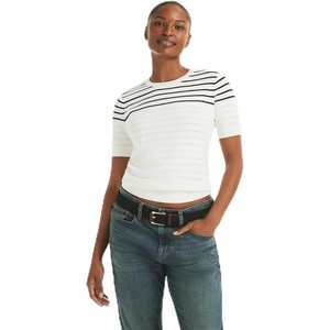 image:imageNautica Womens Striped Ribbed Knit Short Sleeve SweaterBright White Multi