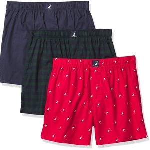 image:imageNautica Mens Classic Cotton 3Pack Woven BoxersPeacoatBuffalo Check Tidal GreenHoliday Sail Print Red