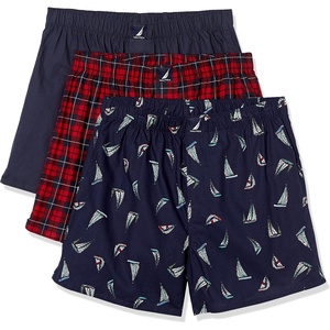 image:imageNautica Mens Classic Cotton 3Pack Woven BoxersPeacoatWinter Plaid RedHoliday Sailboats Peacoat