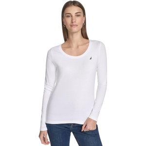 image:imageNautica Womens Long Sleeve Solid Scoop Neck Cotton TShirtBright White