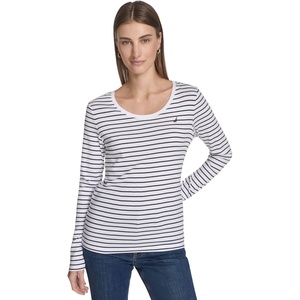 image:imageNautica Womens Long Sleeve Striped Scoop Neck TShirtBright WhiteNight Sky